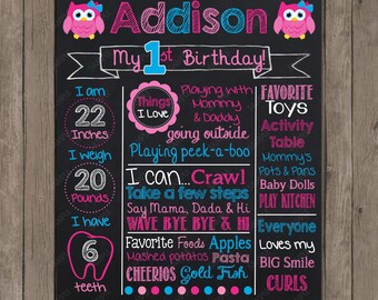 Custom Color - Owl Chalkboard - Chalk Board Poster - Birthday Printable Photography Prop Poster Printable Digital File