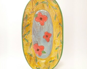Floral 12 inch oval dish earthenware, handbuilt food safe plate made by Kaitlyn Brennan / Brennan pottery