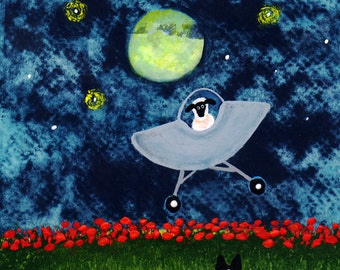 Border Collie Dog Folk Art print of Todd Young painting SHEEP IN SPACE