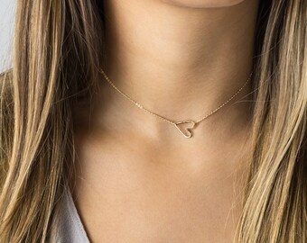 Dainty Choker Necklace • Open Heart Choker, Delicate • Simple, Thin Short Necklace • Gold or Silver • Layered and Long, LN112_aj