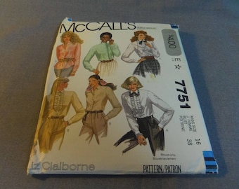 Womens Shirts and Removable Jabot, Size 16, Bust 38", McCalls 7551, 1981