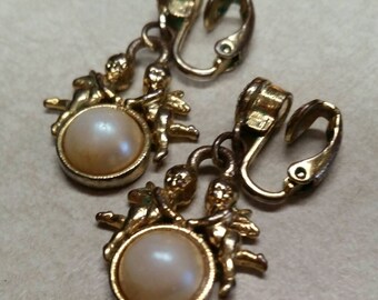 Vintage Clip-on Cherub Faux Pearl Dangle Earrings