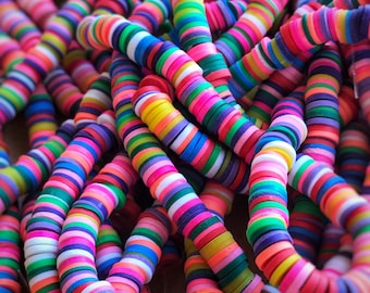Polymer clay disk beads, multi color flat round beads, spacer beads, mixed color, beads for jewelry making, 1 strand per pack