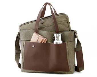 Diaper Bag / School Bag / 13" Laptop Bag / Tote Bag / Messenger Diaper Bag / Shoulder Bag / Messenger Bag / College Bag /Green Canvas /LOFT