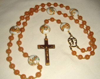 Peach Aventurine Bead Rosary 5 Decade Vintage Crucifix Handmade inv2012