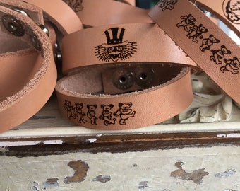 Laser engraved Leather bracelet. syf grateful dead music dancing bear