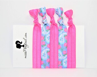 Elastic Hair Ties, Bubblegum Pink, Blue Paisley, Handmade, Elastic Ribbon, Ponytail Holder, Knotted Hair Ties, Bracelet Hair Ties, Girl Gift