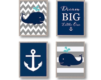 Nursery decor, Whale nursery art print, Printable Nursery Wall Art Gray Navy nautical Wall decor, PRINTABLES, Dream big little one