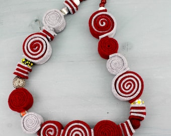 Grey and red Felt and Lampwork Glass Beads Necklace, Nickel free