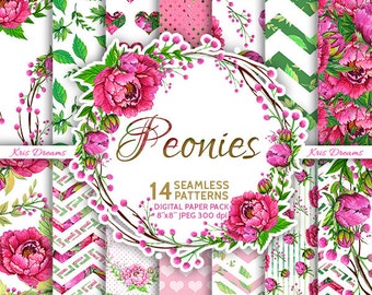 Peonies Seamless Digital Paper High Quality 8"x8" Scrapbooking Paper Pink Green