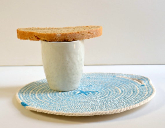 Cotton rope coaster, White and turquoise, Cotton trivet, Table place mats, Table mat, Rope trivet, Desk organiser, Mediterranean decor