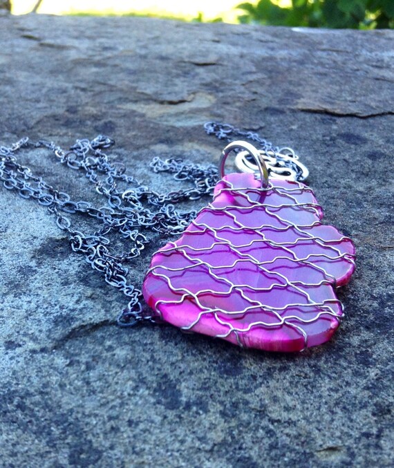Pink Madagascar Agate Silver Wire Wrapped Slice Necklace