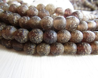 round brown glass beads , rustic lampwork beads , matte translucent , gritty textured aged look , indonesian (16 beads) 6ak1-2