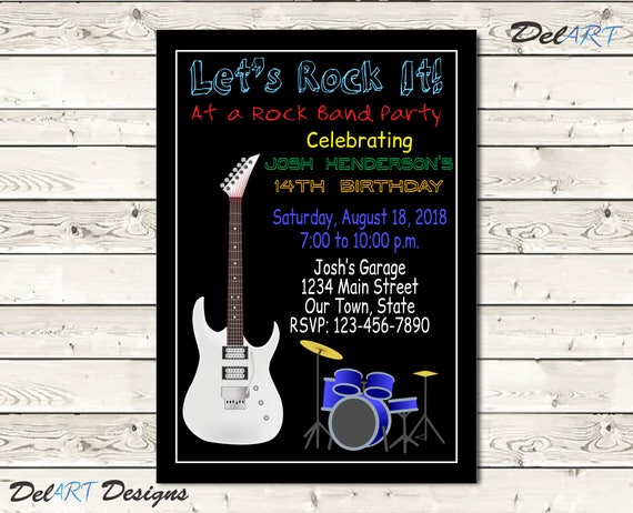 Rock Band Party Birthday Party Invitation Card Guitar and