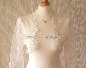 Ivory Embroidered Floral Lace Bolero 3/4 Sleeves / Shrug / Wedding Cropped Jacket / Wrap / Shawl - UK 6-28, US 2-24, EUR 34-56