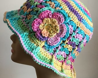 Women’s crochet sun hat, summer / spring, COTTON, chemo hat, night multi-colors, removable flower, Ready to ship. S69