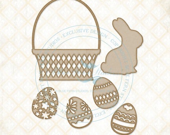 Blue Fern Studios Laser Cut Chipboard Bunny Basket, Easter, Bunny, Basket, & Eggs