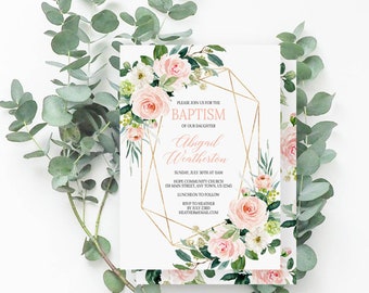 Baptism Invitation, Girl, Pink Roses, Greenery, Geometric, Bohemian, Girl Baptism, Green, Pink, Peach, 787