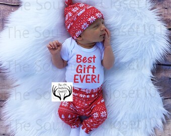 Unisex Christmas Outfit,Best Gift Ever, My First, Girl Coming home outfit,Boy Coming Home Outfit,Bears,Trees,Deer,Red and White,Country