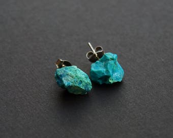 Raw Chrysocolla Chunk Earrings, Rock Stud Earrings, Crystal Earrings