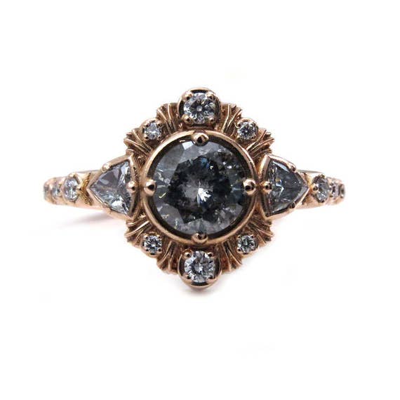 Grey Galaxy Diamond Engagement Ring with Diamond Trillions and