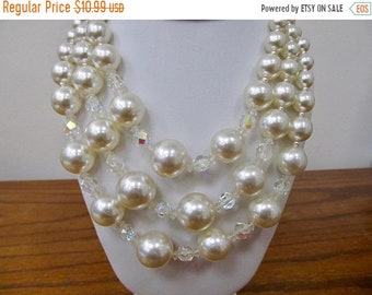 Vintage Chunky Faux Pearl and Aurora Borealis Crystal Triple Strand Necklace Item K # 3257