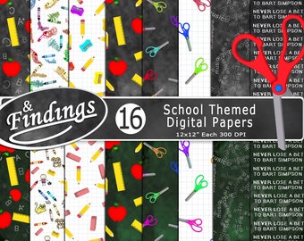 Instant Download School, Chalkboard, Notebook Doodles Digital Paper, Scissors, Rulers, Pencils, Crayons, Back to School