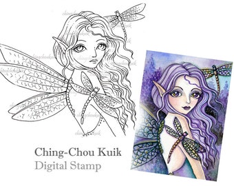 Purple Dragonfly - Digital Stamp Instant Download / Fantasy Art by Ching-Chou Kuik