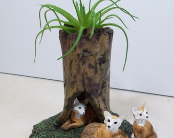 Miniature tree stump and foxes: Fairy garden or terrariums Polymer clay rustic tree stump