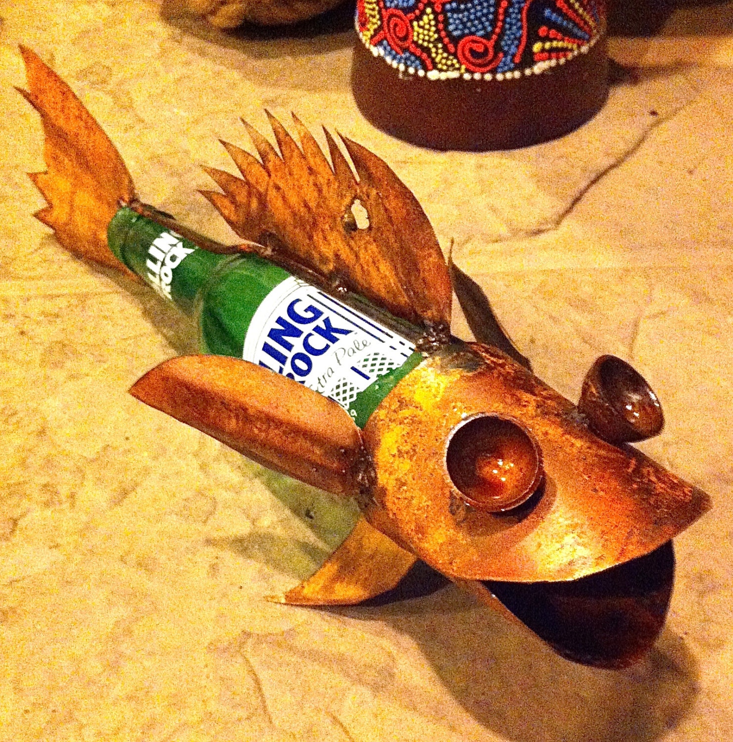 Recycled Rustic Beer Bottle Fish Metal Yard Art