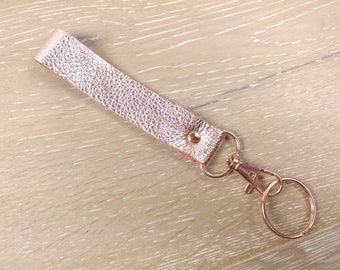 Leather Keychain, Rose Gold Leather Keychain with Rose Gold Clip, Rose Gold Wristlet