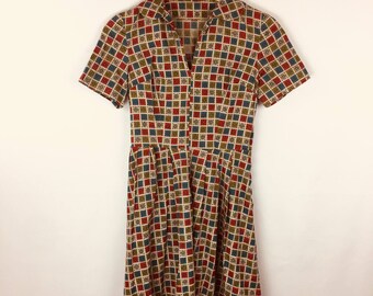 60's Handmade Brown Dress Red Blue Checker Fit and Flare Dress