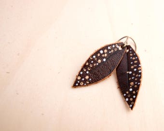 Mini Dark Brown, Silver and Gold Hand-painted Reclaimed Leather Leaf Earrings