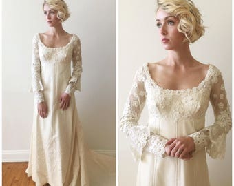 ON HOLD | Vintage 1960s Priscilla Boston Silk Taffeta Wedding Gown with long sleeves and french lace details