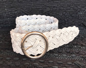 90's Woven White Chunky Leather Waist Belt, Calvin Klein Belt White Chunky Silver Buckle, White Leather Waist Belt, 90's Leather Belt Silver