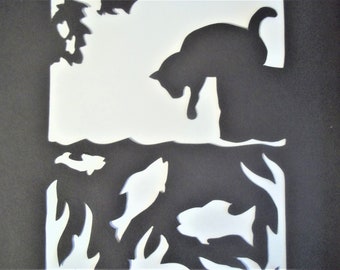 Paper Silhoutte of Cat and Fishes - Framed