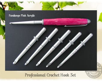 Professional Crochet Hook Set of 6 Sizes, Handmade Fandango Pink Acrylic in Durable Satin Nickel Finish