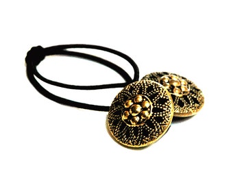 Vintage Button Ponytail Holder, Stylized Flower Design, Hair Accessory - Vintage Brass Buttons with Intricate Detailing