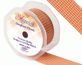 Orange Gingham Small Check Fabric Ribbon 25m Long by 38mm Wide