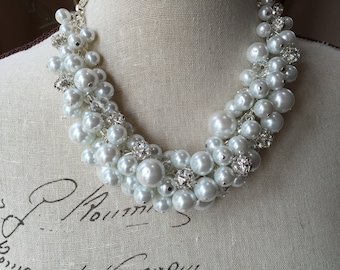 Chunky Pearl necklace, wedding jewelry, white Pearl necklace, cluster Pearl necklace