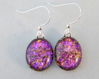Purple Pink Dichroic Fused Glass Dangle Earrings, Dichroic, Fused Glass, Fused Glass Earrings, Dichroic Earrings, Dangle, Purple, Pink
