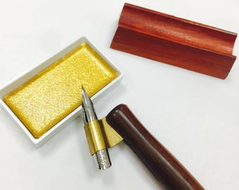 Free Shipping Gift Set : All in One Calligraphy Set - Kuretake Pigment + Wooden Oblique Pen Holder + Nikko G Nib + Wooden Pen Stand, X'Mas