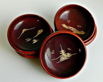 Japanese Lacquer Bowls, Vintage Asian Rice Bowls, Asian Soup Bowls, Dark Brown Wooden Lacquer Bowls, Set of 5.
