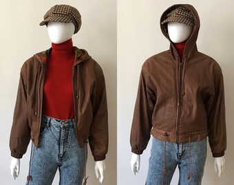 Vintage Cropped leather jacket / leather jacket xs / bomber leather jacket / hooded leather jacket / 90s leather jacket / brown jacket women