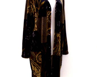 Vintage 90s Black and Brown Velvet Duster - 1990s Black Velvet Tunic Top - Indie Glam Tunic Duster - Size Medium estimated