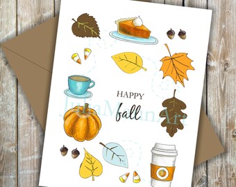 Fall Pumpkin Spice Printable Notecard Instant Download, "Happy Fall", Folded Printable Notecard
