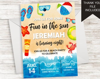 Beach Birthday Invitation Invite Digital Party Fun in the Sun 5x7 Kids ANY AGE Pool Party Summer