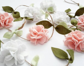 Felt Flower Garland- Blush and White Felt Flowers, Baby Shower Decorations, Nursery decor, Felt Floral Garland, Baby Room Decor.