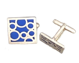 Square sterling silver blue bubble cufflinks