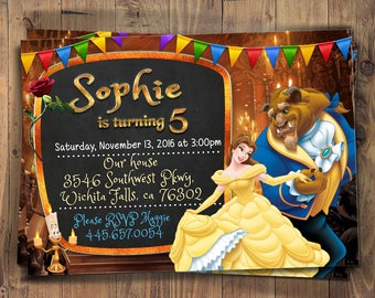 Beauty and the beast birthday invitations, beauty and the beast invitations, princess beauty, princess belle invitations, princess belle